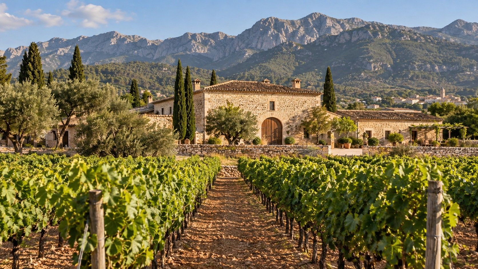 Viñedos y camino rural en Mallorca