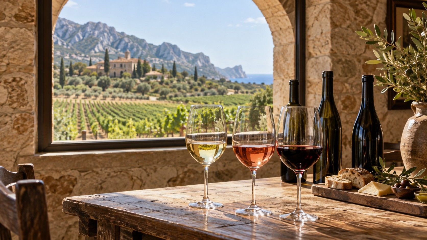 Copas de vino junto a un viñedo de Mallorca