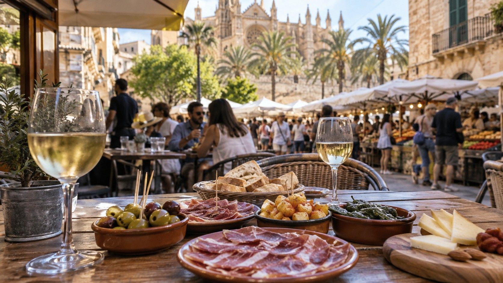 Puestos y productos frescos en un mercado de Palma